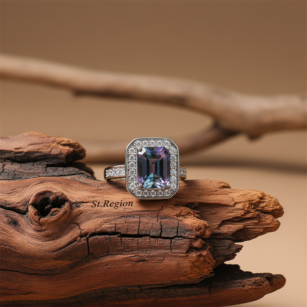 Purple-blue Crystal & Cubic Zirconia Radiant-Cut Channel Halo Ring