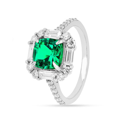 2.34 Ct Cushion Green Colombian Lab Created Emerald and Moissanite Prong Silver Halo Engagement Ring