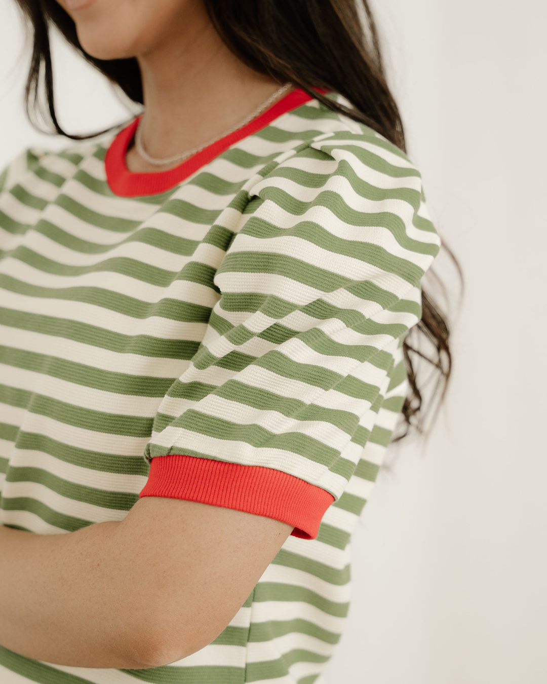 Kimberly Stripe Short Puff Sleeve Contrast Trim Round Neck Tee - Green