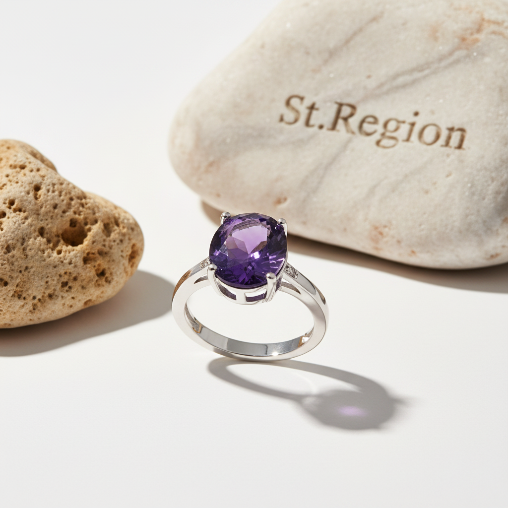 Purple Crystal & Silvertone Oval-Cut Solitaire Ring