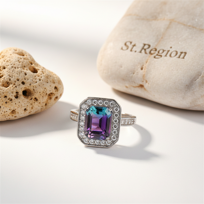 Purple-blue Crystal & Cubic Zirconia Radiant-Cut Channel Halo Ring