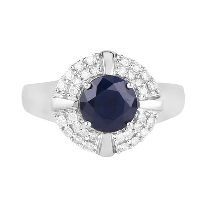 1.48 Ct Round Blue Sapphire Diamond Prong 10k Gold Halo Statement Ring