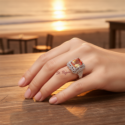 Yellow Red Crystal & Silvertone Radiant-Cut Ring