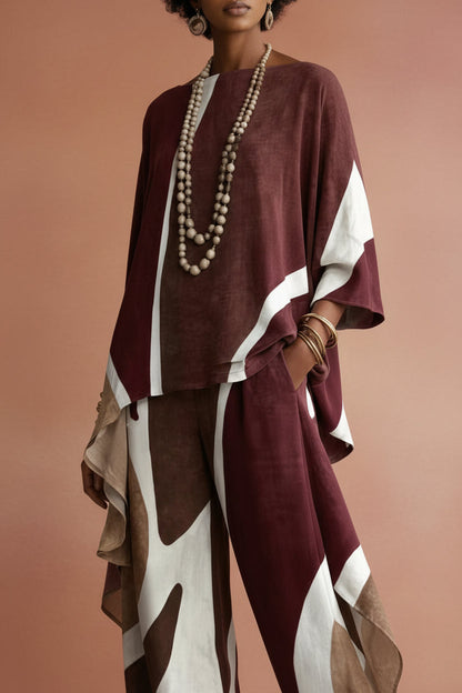Women's Abstract Geometric Color-Block Asymmetric Draped Tunic & Wide-Leg Palazzo Pants Set