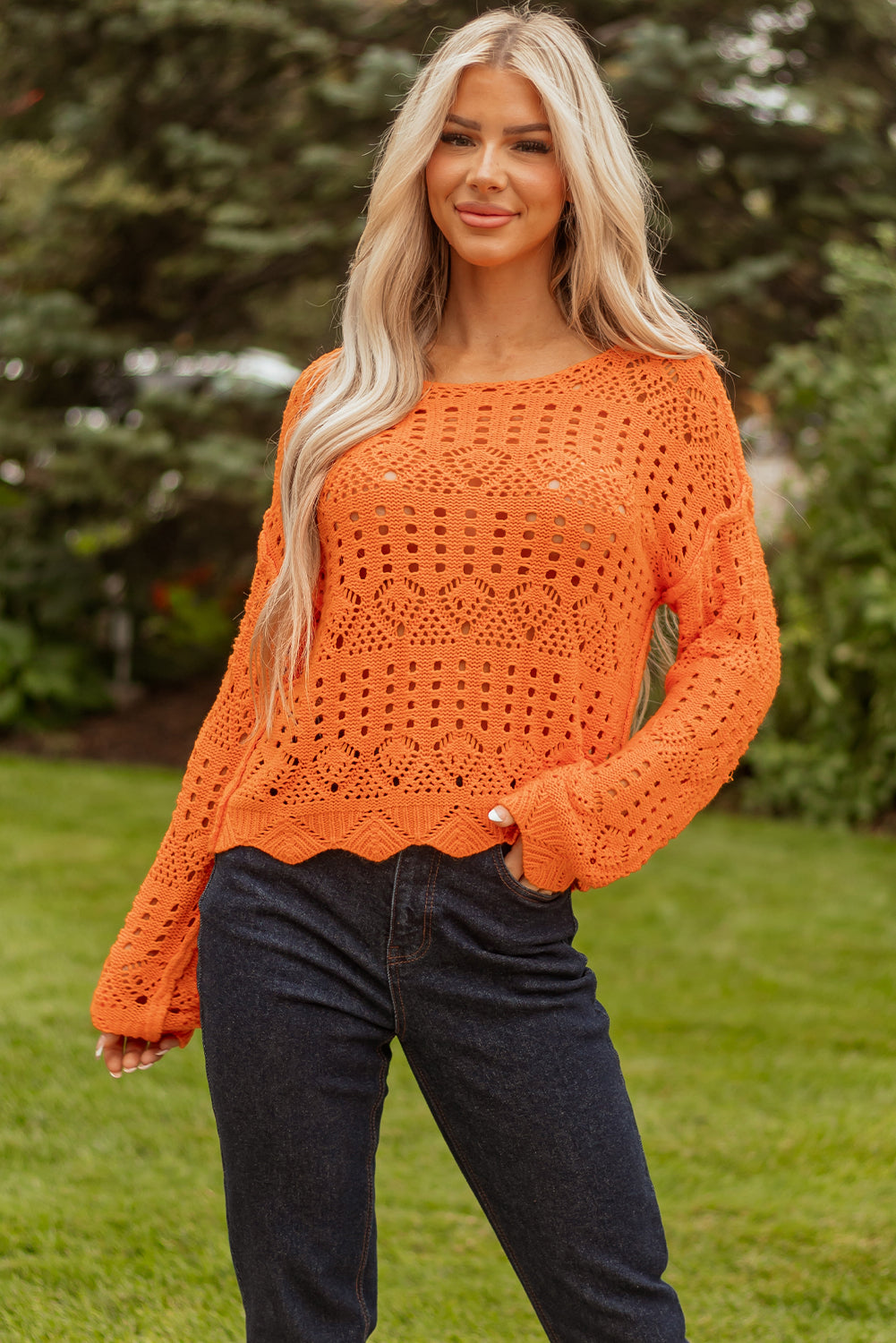 Threaded Pear Emerson Crochet Scallop Edge Sweater