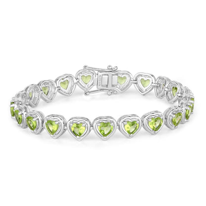 9.24 Ct Heart Green Peridot & Diamond Prong Silver Tennis Bracelet