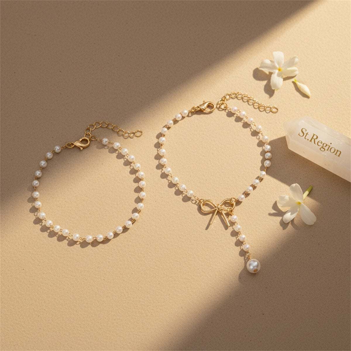 Pearl & Goldtone Beads Chain Bow Drop Anklet Set