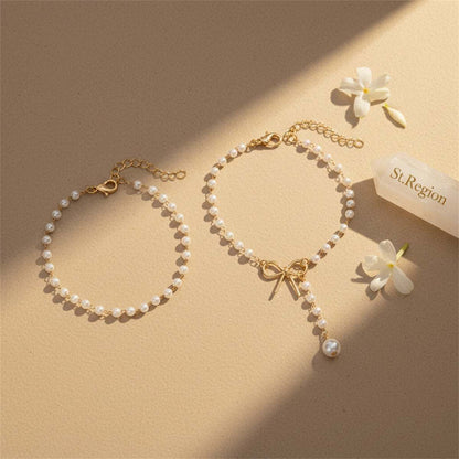 Pearl & Goldtone Beads Chain Bow Drop Anklet Set