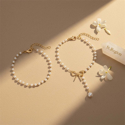 Pearl & Goldtone Beads Chain Bow Drop Anklet Set