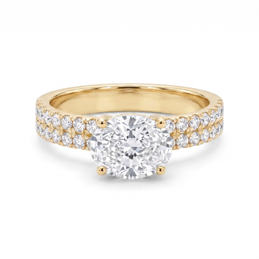 1.66 Cttw Oval Gemstone Double Row Pave Band 14k Yellow Gold Engagement Ring