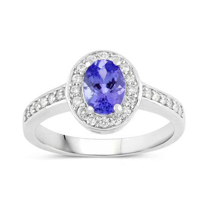 0.75 Ct Oval Violet Tanzanite & Lab Diamond Prong Silver Pave Halo Bridge Ring