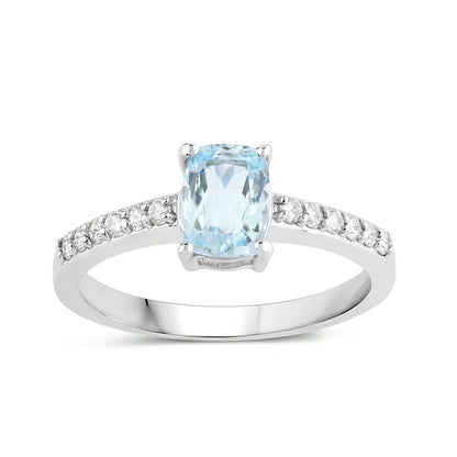 0.80 Ct Cushion Blue Aquamarine Lab Diamond Prong Silver Pave Bridge Ring