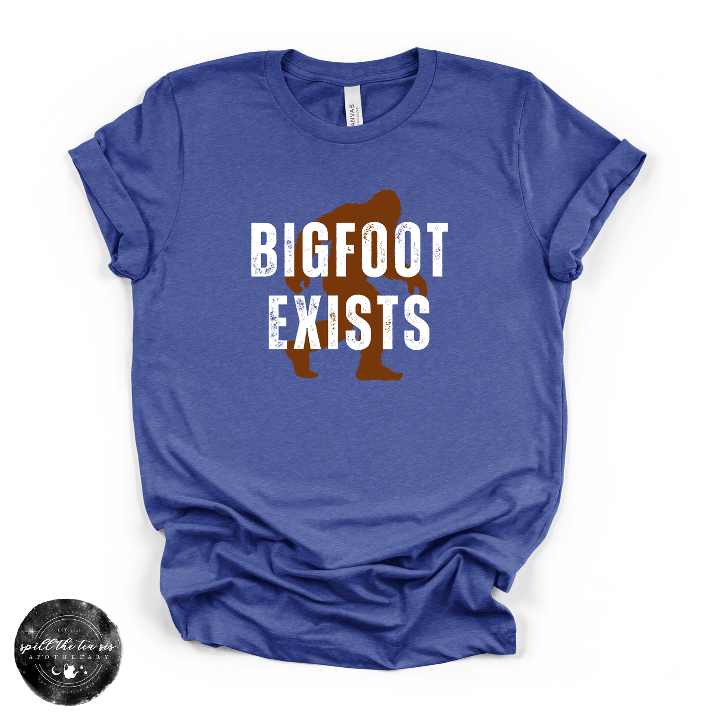 Bigfoot Exists Tee | Funny Cryptid Graphic T-Shirt (WHITE DESIGN)