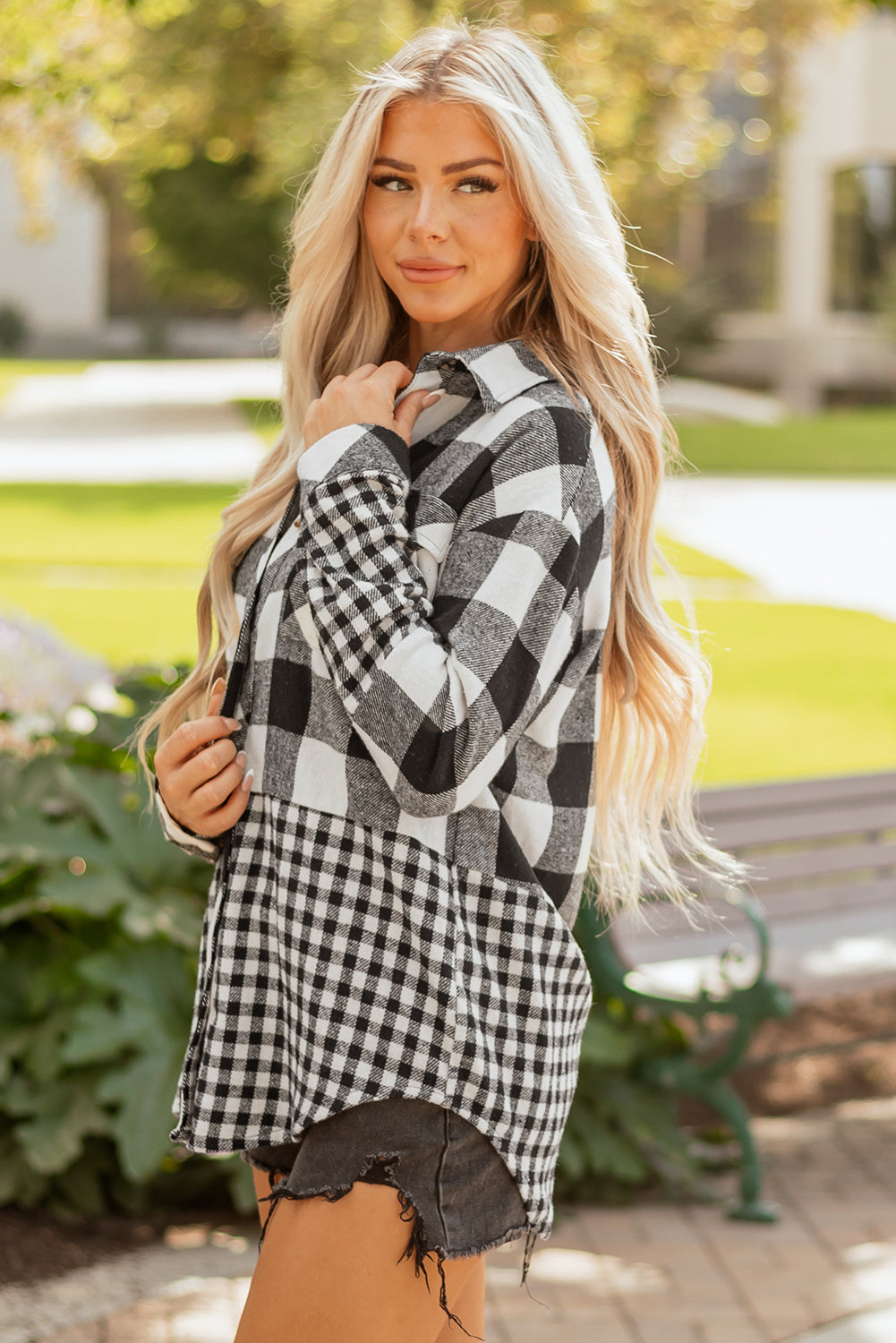 Threaded Pear Cecelia Patchwork Drawstring Hooded Shacket