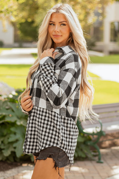 Threaded Pear Cecelia Patchwork Drawstring Hooded Shacket