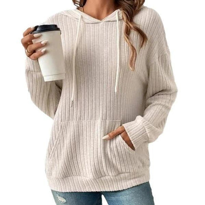 Mandotos Womens Knit Hoodie Sweatshirt With Pockets Drawstring Long Sleeve Solid Sunken Stripe Knitwear