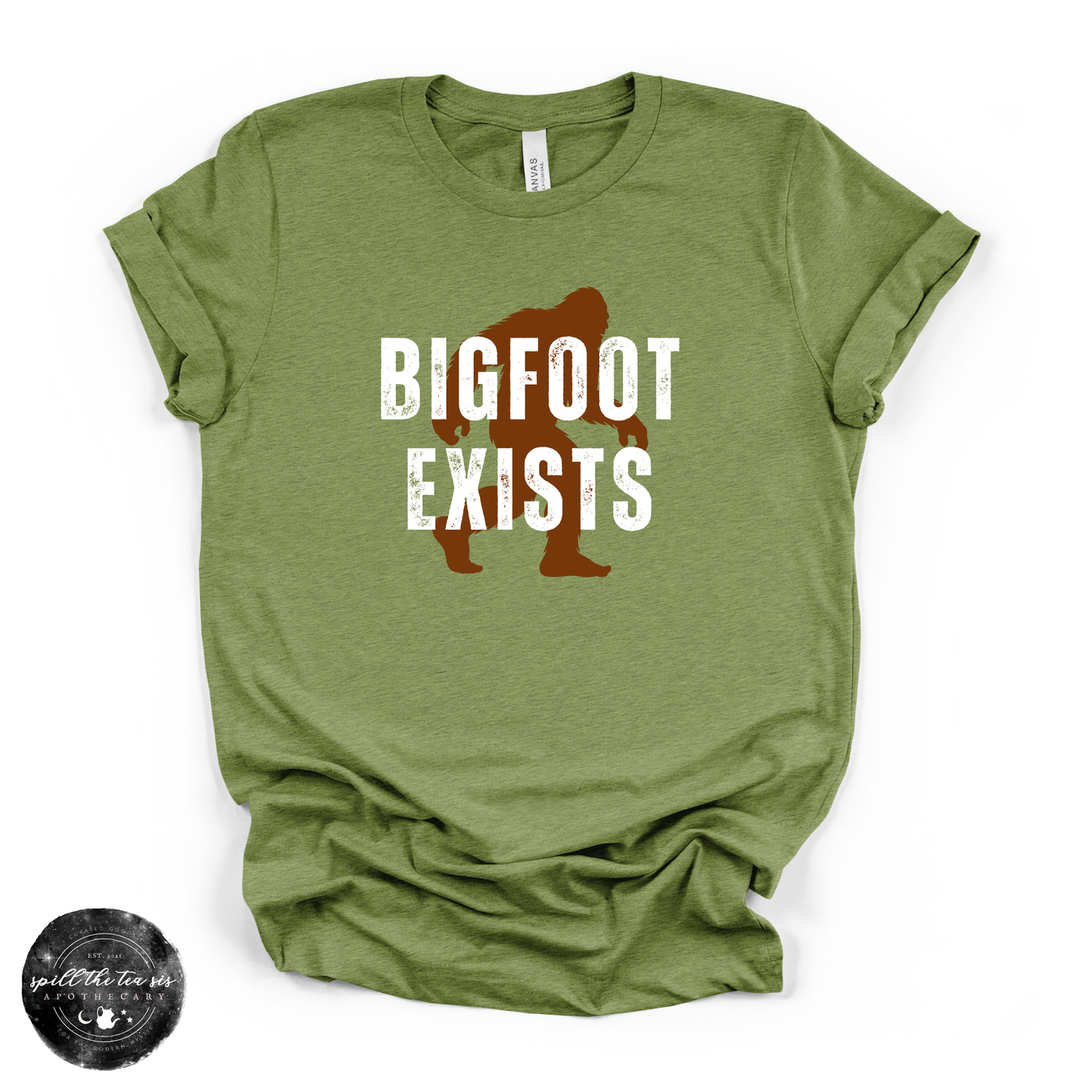 Bigfoot Exists Tee | Funny Cryptid Graphic T-Shirt (WHITE DESIGN)