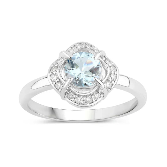 0.75 Ct Round Blue Aquamarine Lab Diamond Prong Silver Halo Ring