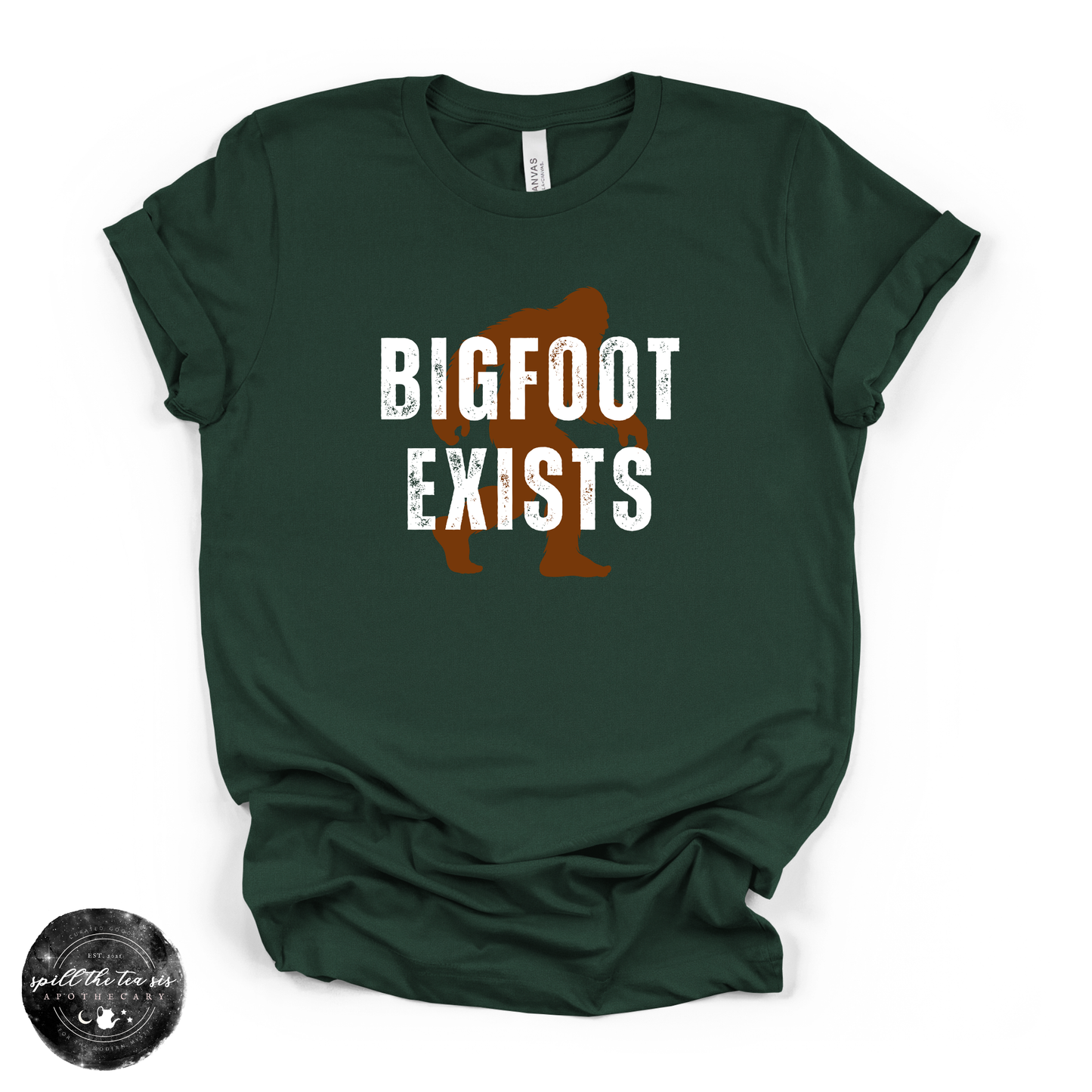 Bigfoot Exists Tee | Funny Cryptid Graphic T-Shirt (WHITE DESIGN)