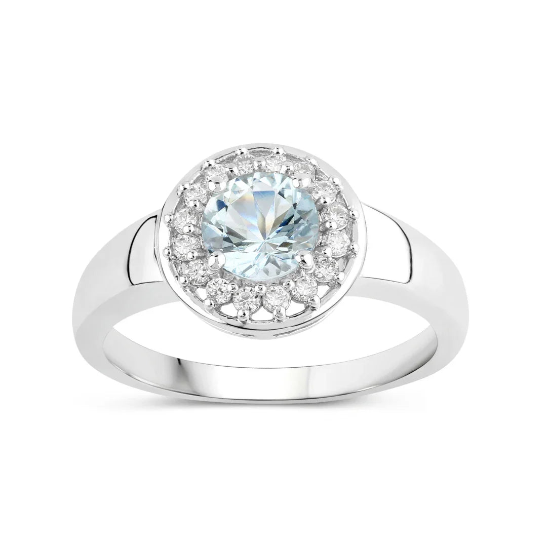 0.75 Ct Round Blue Aquamarine and Lab Diamond Prong Silver Halo Ring