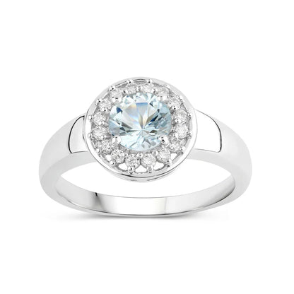 0.75 Ct Round Blue Aquamarine and Lab Diamond Prong Silver Halo Ring