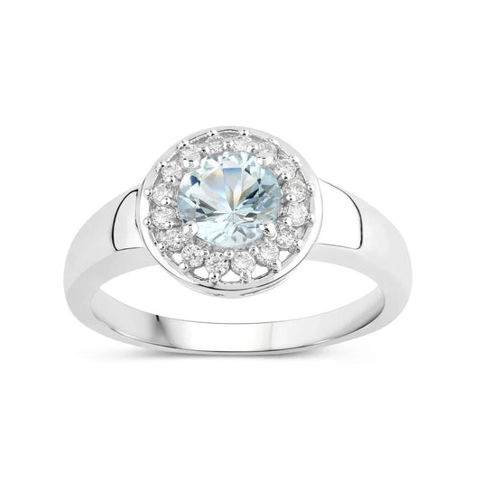 0.75 Ct Round Blue Aquamarine and Lab Diamond Prong Silver Halo Ring