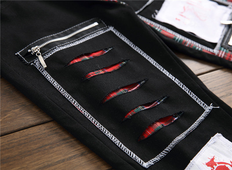 New Men’s Ripped Patch Pants Color Cloth Jeans