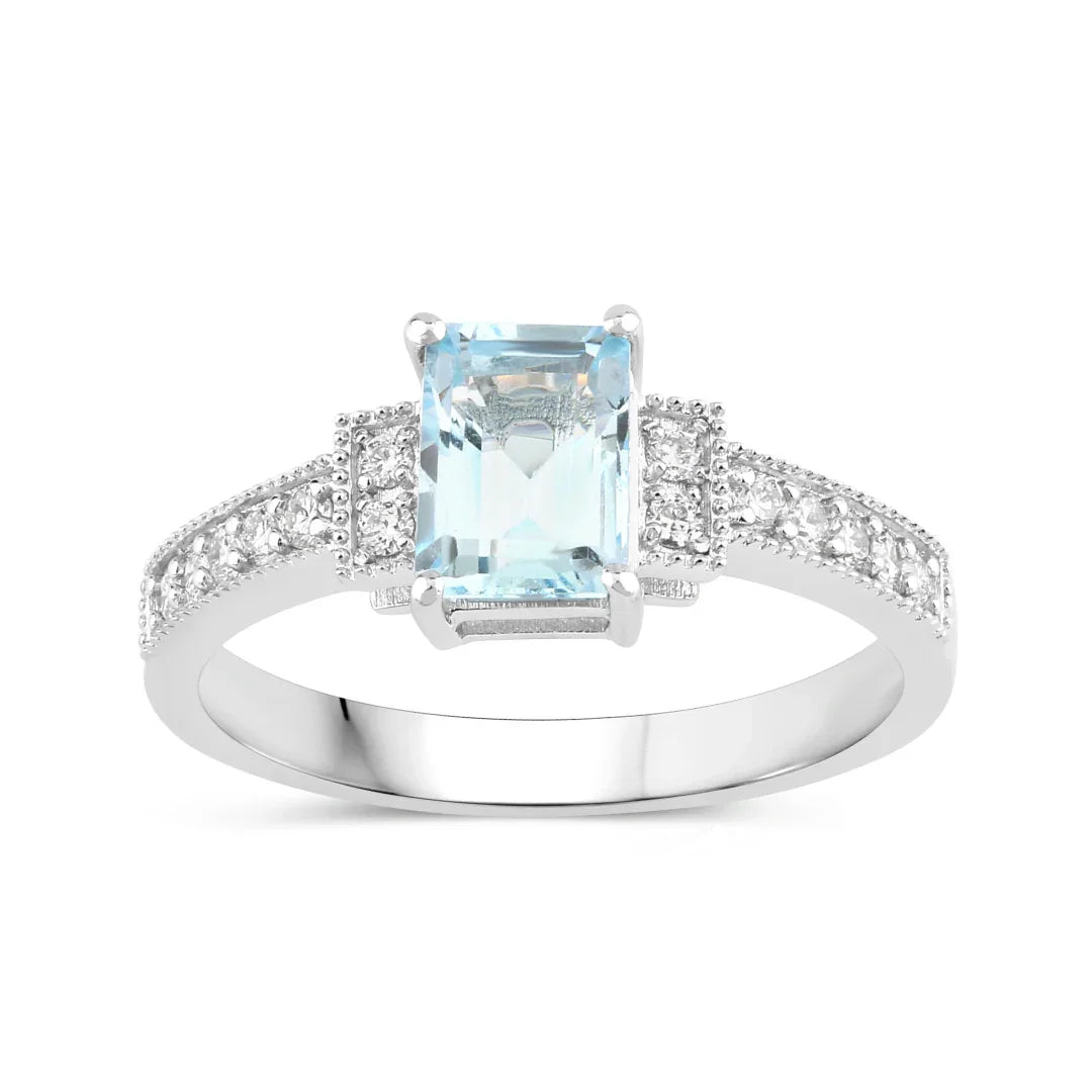 0.80 Ct Octagon Blue Aquamarine & Lab Diamond Prong Silver Pave Bridge Ring