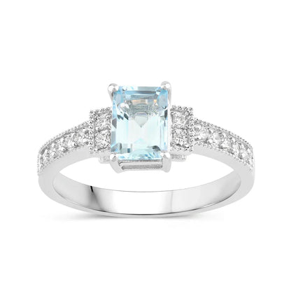 0.80 Ct Octagon Blue Aquamarine & Lab Diamond Prong Silver Pave Bridge Ring