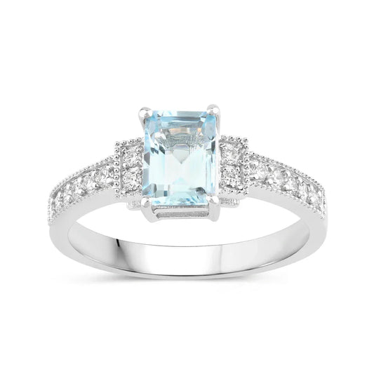 0.80 Ct Octagon Blue Aquamarine & Lab Diamond Prong Silver Pave Bridge Ring