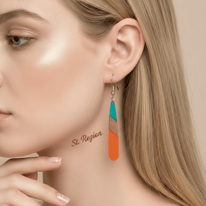 Mint Green & Orange Resin Wood Silvertone Teardrop Hook Earrings