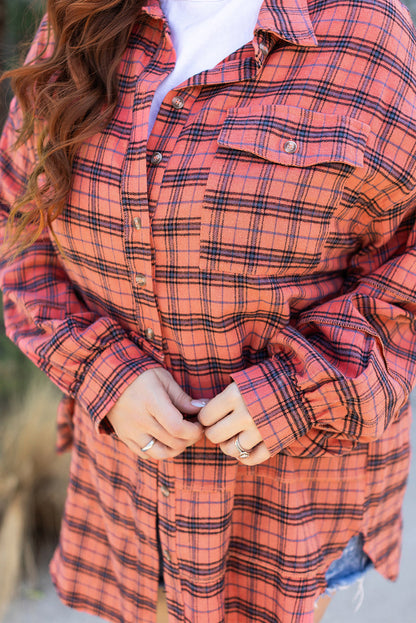 Plaid Long Sleeve Side Split Distressed Shirt - Threaded Pear