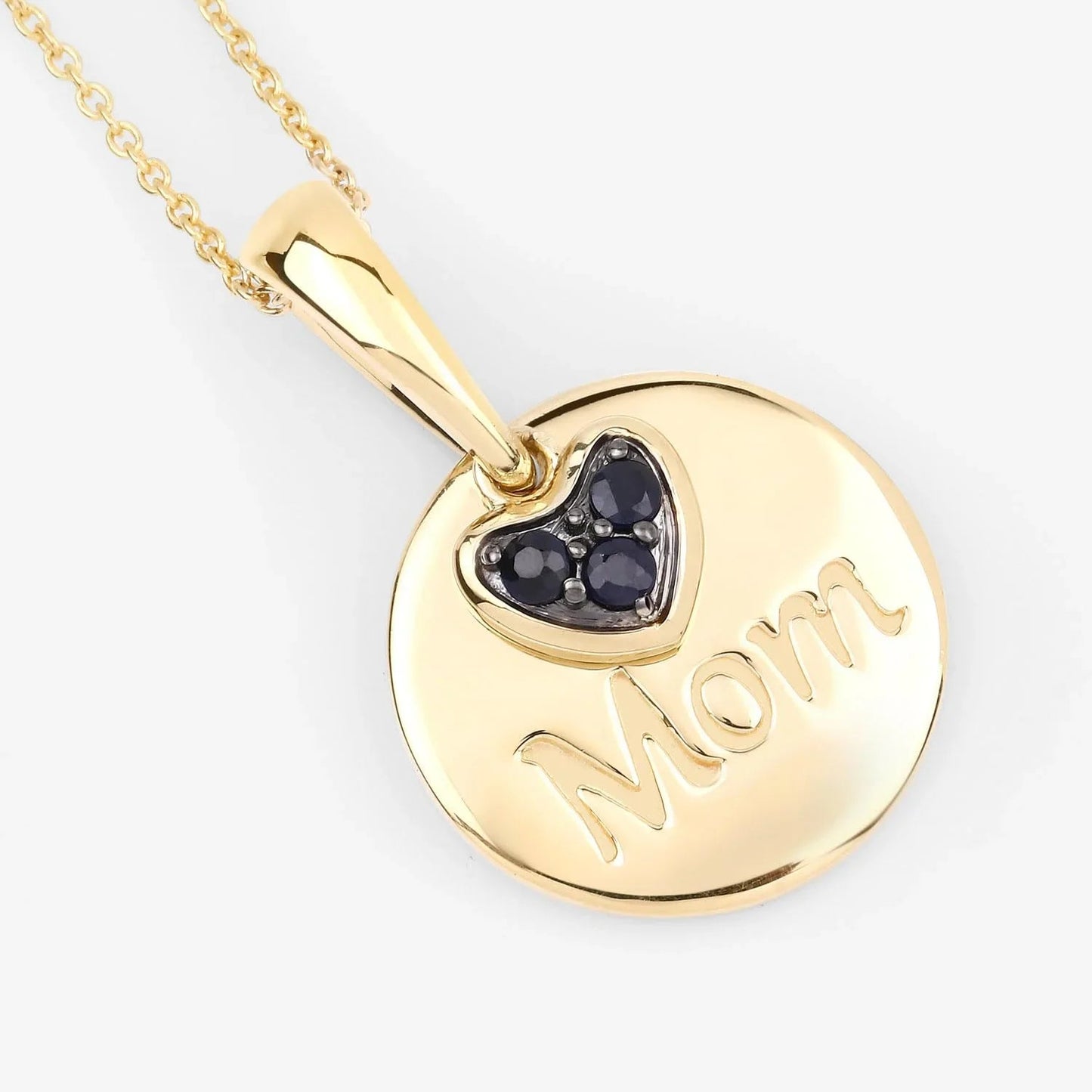 Round Blue Sapphire Prong Gold Plated Silver Mom Heart Pendant Necklace