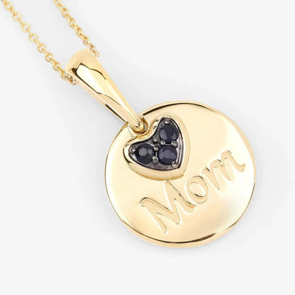 Round Blue Sapphire Prong Gold Plated Silver Mom Heart Pendant Necklace