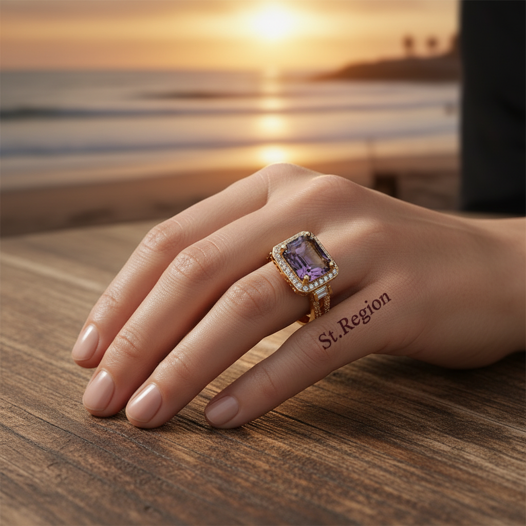 Yellow & Purple Crystal & Cubic Zirconia Princess-Cut Halo Ring