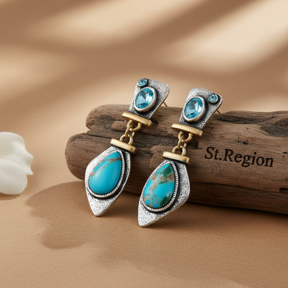Sea Blue Crystal & Turquoise Two Tone Drop Earrings