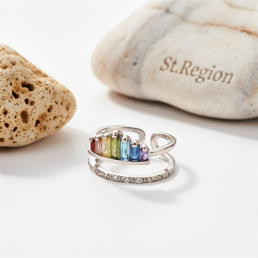 Multicolor Crystal & Silvertone Crown Open Ring