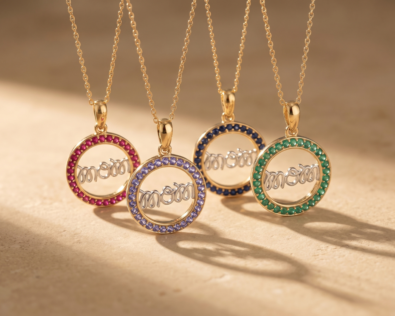Round Green Emerald Prong Gold Plated Silver Mom Circle Pendant Necklace