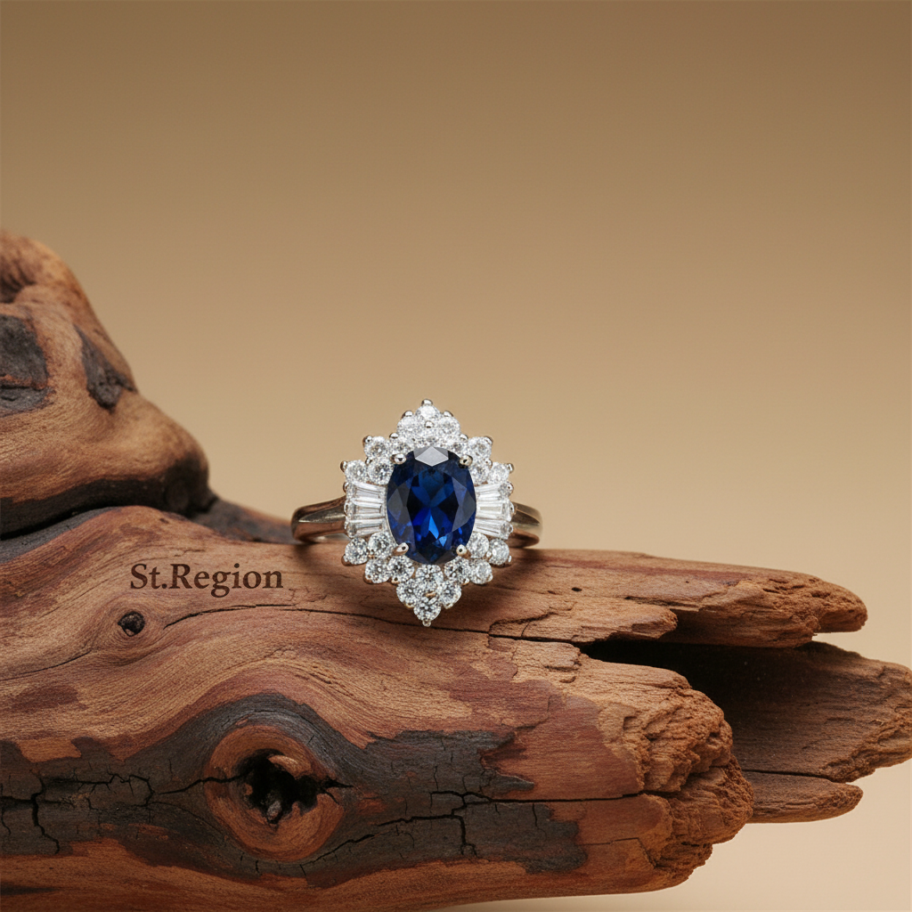 Navy Crystal & Cubic Zirconia Silvertone Flower Ring