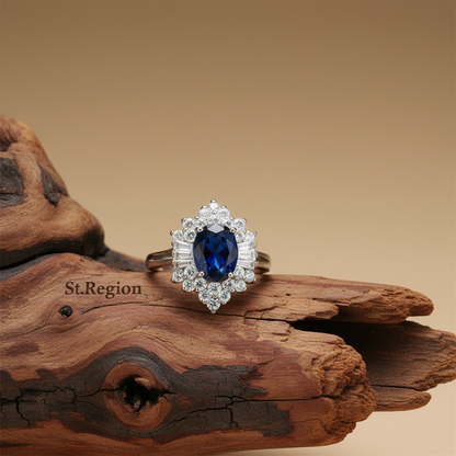 Navy Crystal & Cubic Zirconia Silvertone Flower Ring