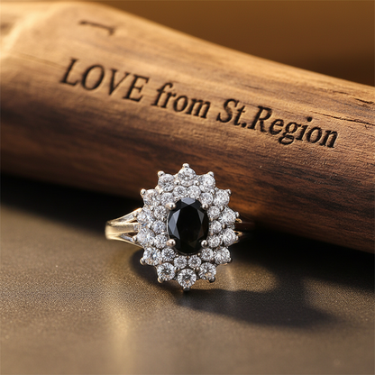 Cubic Zirconia & Black Crystal Flower Halo Ring