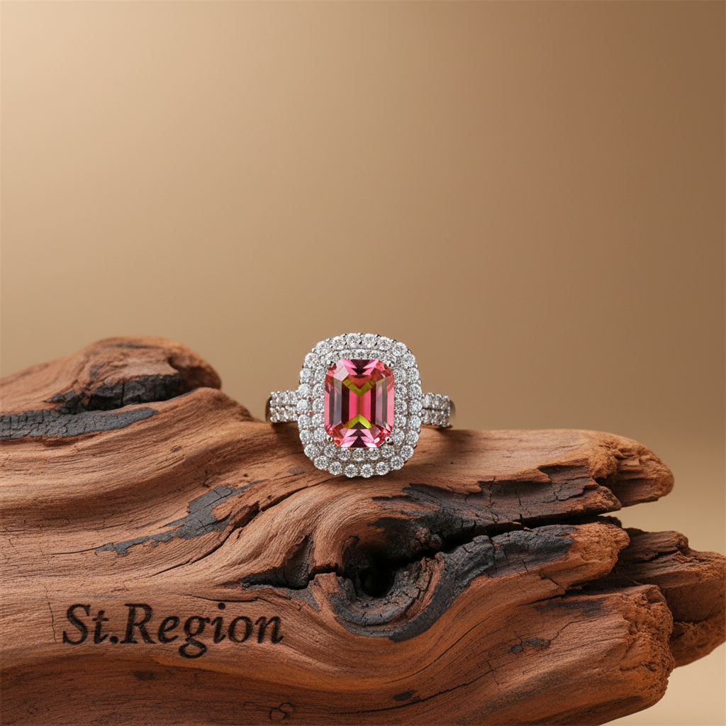 Red-green Crystal & Cubic Zirconia Radiant-Cut Halo Ring