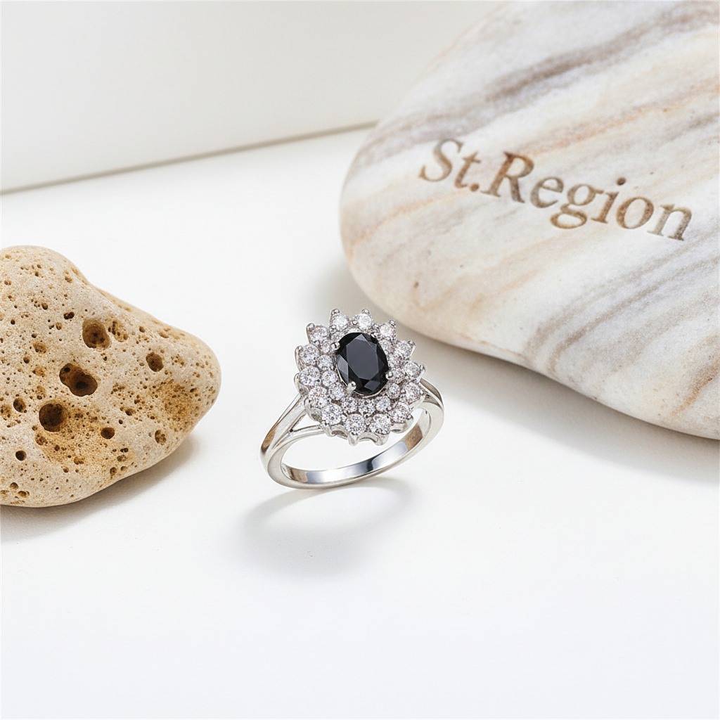 Cubic Zirconia & Black Crystal Flower Halo Ring