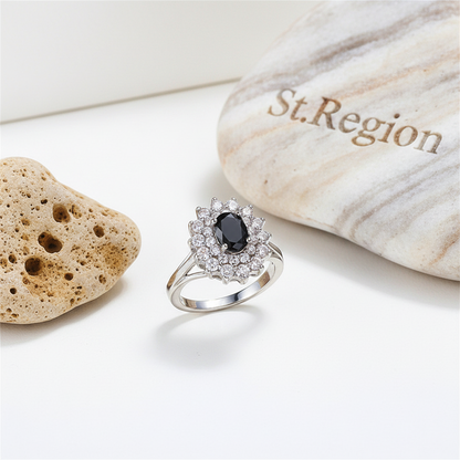 Cubic Zirconia & Black Crystal Flower Halo Ring
