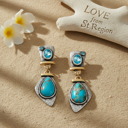 Sea Blue Crystal & Turquoise Two Tone Drop Earrings