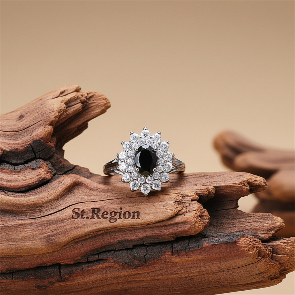 Cubic Zirconia & Black Crystal Flower Halo Ring