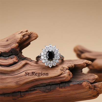 Cubic Zirconia & Black Crystal Flower Halo Ring