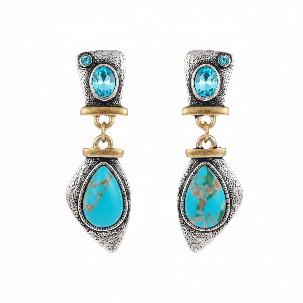 Sea Blue Crystal & Turquoise Two Tone Drop Earrings