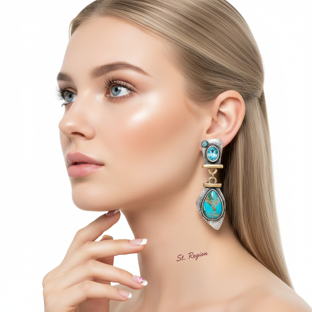 Sea Blue Crystal & Turquoise Two Tone Drop Earrings