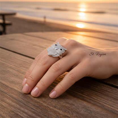 Cubic Zirconia & Silvertone Owl Ring